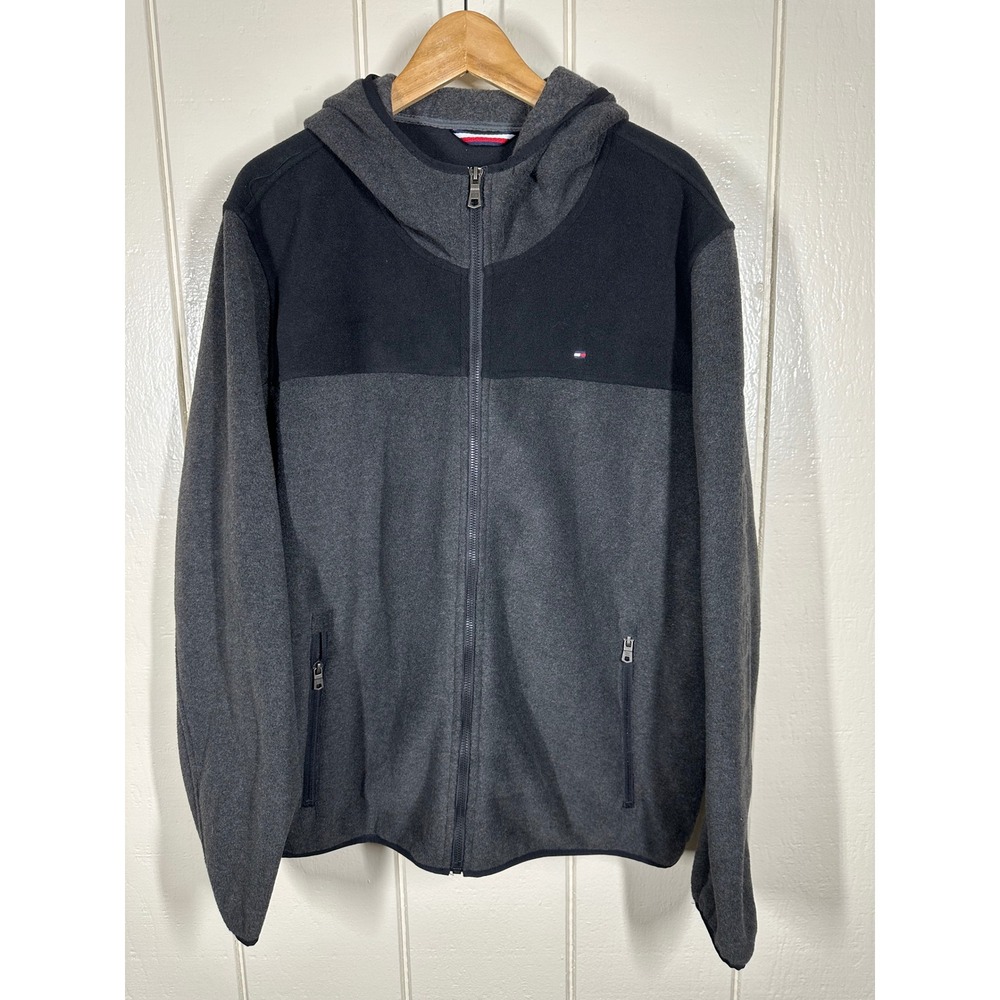 Tommy Hilfiger Hoodie Mens XL Grey Black Colorblock Fleece Full Zip Jacket